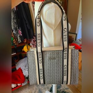 Guess Black and Cream Tote Bag with Monogram Design, NEW